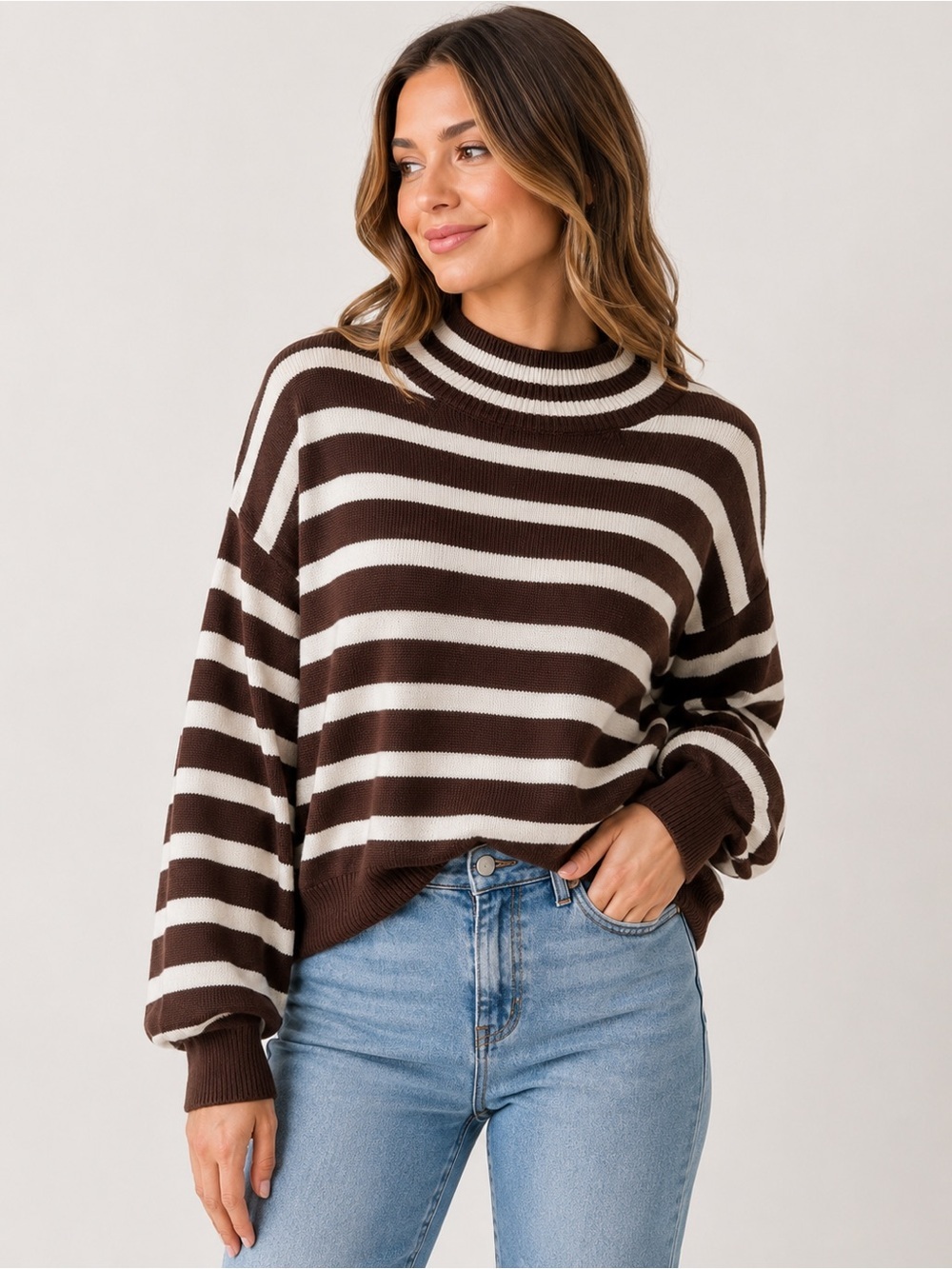 A New Day Striped Mock Neck Sweater Brown White Knit Pullover Size Large